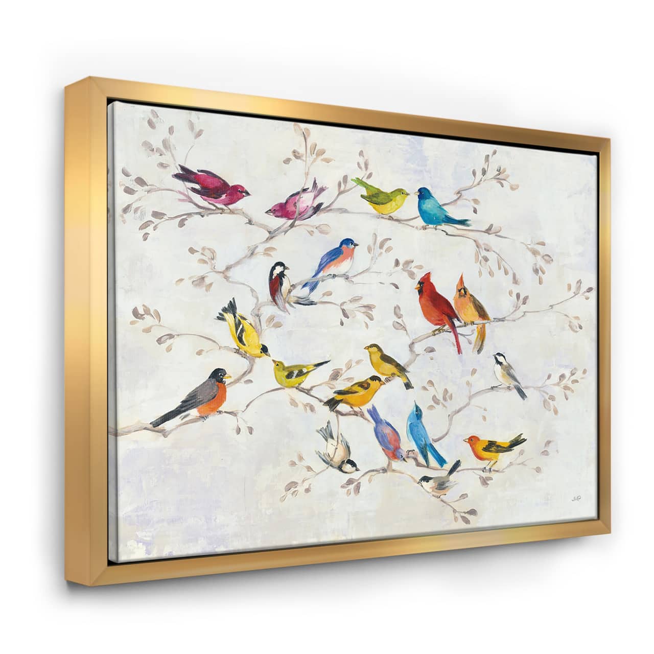 Designart - Multi-Color Bird on Tree - Modern Farmhouse Canvas in Gold Frame
